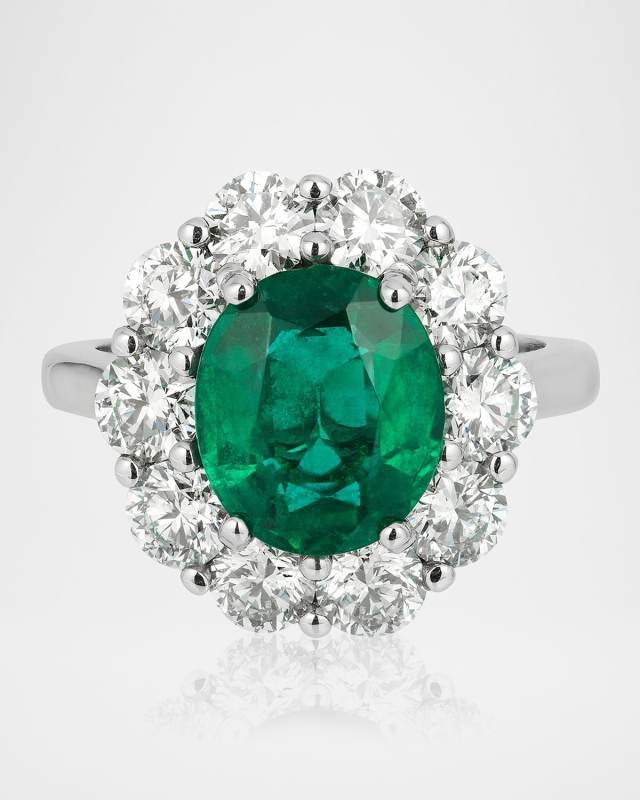 18K White Gold Zambian Emerald Ring with Diamond Halo